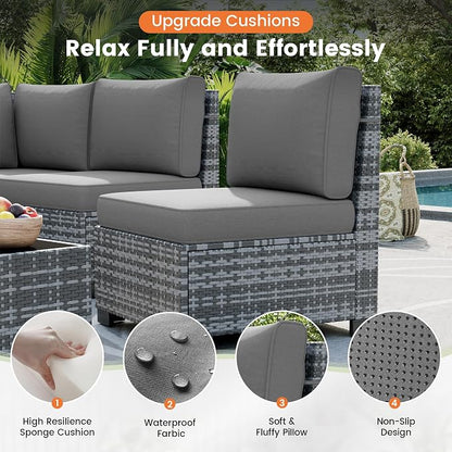 UDPATIO Patio Sectional Sofa with Fire Pit Table, 8 Inch Armrest 7-Piece Wicker Conversation with Waterproof Cover for Backyard Deck, Grey/Dark Grey