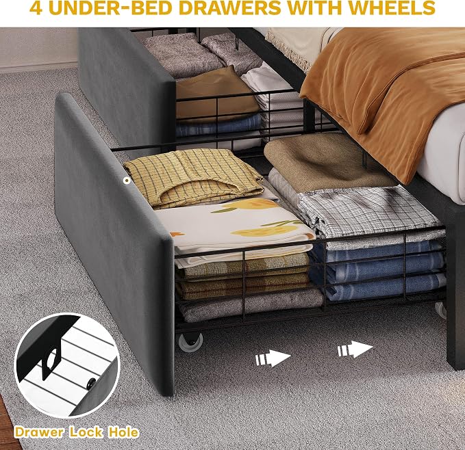 DWVO King Size Bed Frame with RGB LED Lights & Storage Bookcase Headboard, Upholstered Bed with Charging Station and 4 Drawers, No Box Spring Needed, Easy Assembly, Noise-Free, Velvet Grey