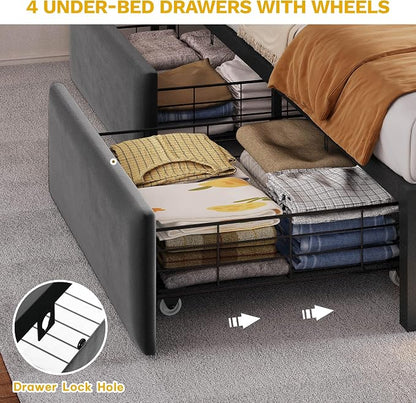 DWVO King Size Bed Frame with RGB LED Lights & Storage Bookcase Headboard, Upholstered Bed with Charging Station and 4 Drawers, No Box Spring Needed, Easy Assembly, Noise-Free, Velvet Grey
