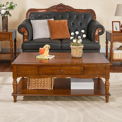 Rectangle Coffee Table with Drawers for Living Room, Solid Wood Coffee Table with Storage Shelf, Mid Century Modern Cherry Wood Coffee Tables, Large Countertop Center Table, Cherry Walnut KFZ-C008-DR