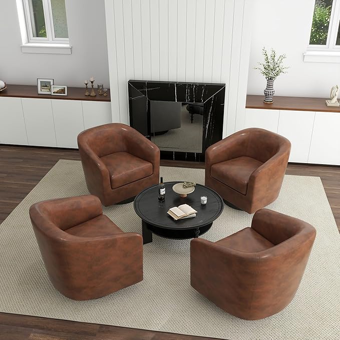 360° Swivel Barrel Accent Chair Armchair, PU Leather Round Club Arm Chair for Lving Room, Modern Upholstered Small Bedroom Single Sofa Seat - Coffee Brown, Set of 4