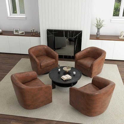 360° Swivel Barrel Accent Chair Armchair, PU Leather Round Club Arm Chair for Lving Room, Modern Upholstered Small Bedroom Single Sofa Seat - Coffee Brown, Set of 4