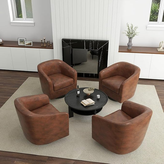 360° Swivel Barrel Accent Chair Armchair, PU Leather Round Club Arm Chair for Lving Room, Modern Upholstered Small Bedroom Single Sofa Seat - Coffee Brown, Set of 4