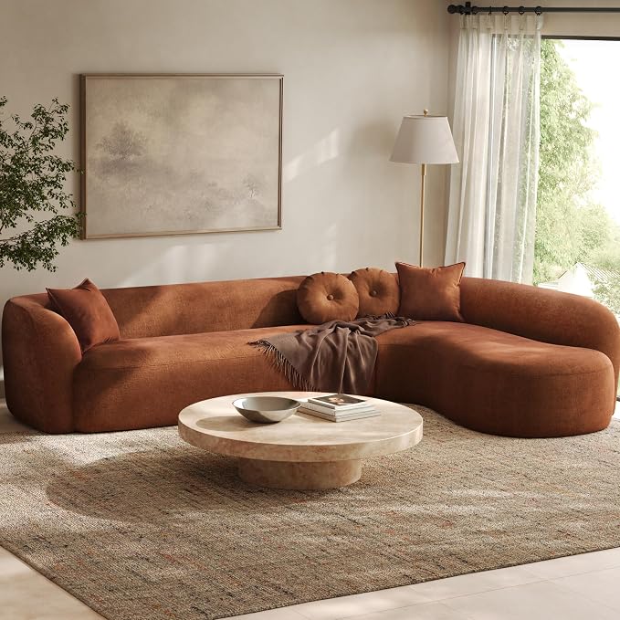 Curved Sectional Sofa with Chaise, 128" Oversized Cloud Couch, Chenille Fabric, High-Density Foam, Deep Seating, No Assembly, L-Shaped Sectional, Modern Living Room Sofa, Burnt Orange
