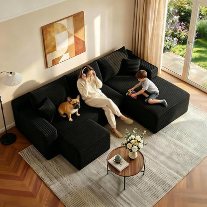 JINGLING 94" U Shaped Boneless Sectional Couch Set for Living Room, Plush Corduroy Modular Sofa with Ottoman, Small Space Apartment Couch, No Assembly, Right Facing Chaise, Black