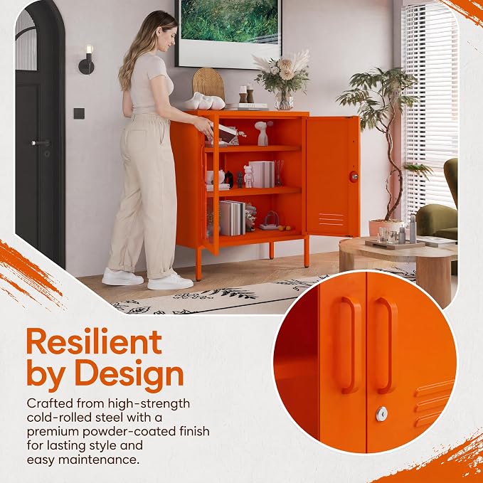 Lockable Metal Storage Cabinet Locker Adjustable Shelves, Modern Cabinets Versatile Storage Lockers Easy Assembly Durable Metal Sideboard Furniture for Living Room Home Office Orange