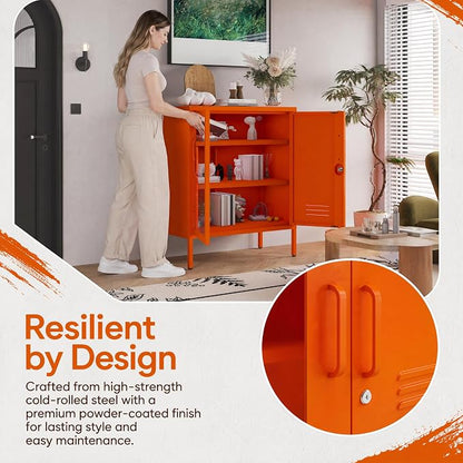 Lockable Metal Storage Cabinet Locker Adjustable Shelves, Modern Cabinets Versatile Storage Lockers Easy Assembly Durable Metal Sideboard Furniture for Living Room Home Office Orange