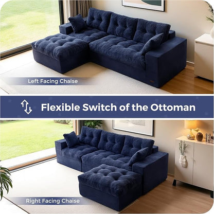 MAXYOYO 96" L Shaped Modular Sectional Sofa with Ottoman, Cloud Boneless Couch with Layered Cushion, Upholstered Flexible Module Combination Sofa for Living Room, No Assembly, Navy