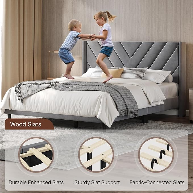 Yaheetech King Bed Frame Upholstered Platform Bed/Wooden Slat Support/Tufted Headboard with Wing Side/Mattress Foundation/No Box Spring Needed,Light Gray King