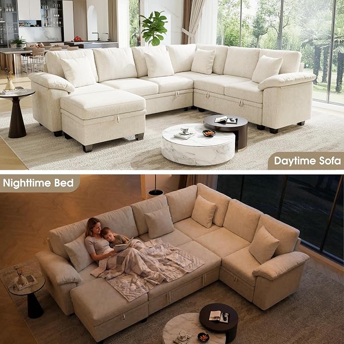 107.8" Modular Sectional Sleeper Sofa with Pull Out Bed, U Shaped 7 Seat Couch with 221L Storage, Convertible Cloud Couch Bed with Ottoman, Sectional Couches for Living Room, Apartment (Beige)