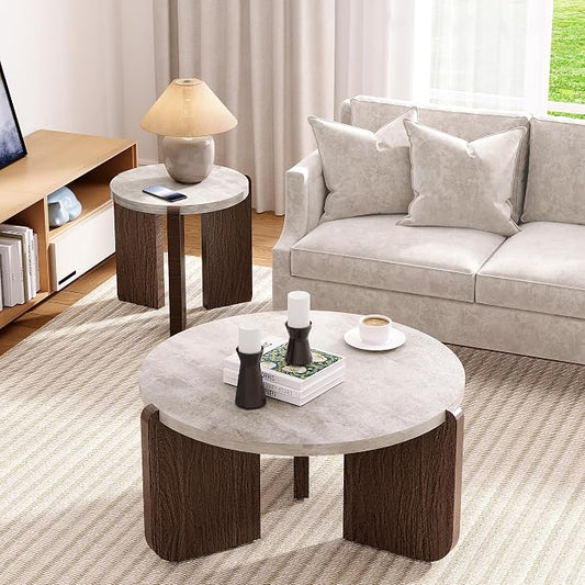SUNBURY Modern Round Coffee Table with Sturdy Base, Wood Center Tables for Living Room Reception Room, Faux Marble Tabletop, Easy Assembly (Only One Coffee Table Included)
