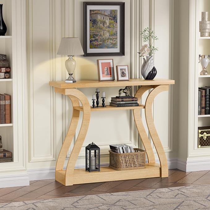 Wooden Console Table with Curved Legs and Shelf, 3-Tier Modern Accent Narrow Sofa Table for Entrance Area, Living Room, Hallway, 47 in Wide Wood Console Table for Entryway (Natural)