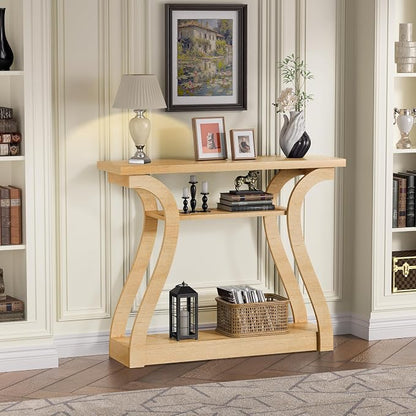 Wooden Console Table with Curved Legs and Shelf, 3-Tier Modern Accent Narrow Sofa Table for Entrance Area, Living Room, Hallway, 47 in Wide Wood Console Table for Entryway (Natural)