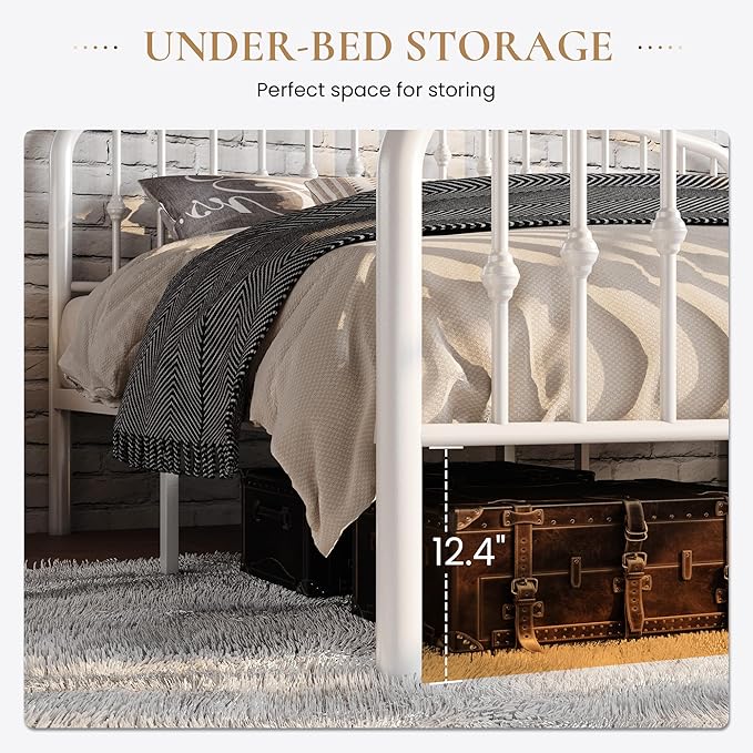 SHA CERLIN Twin Size Metal Platform Bed Frame with Victorian Style Wrought Iron-Art Headboard/Footboard, No Box Spring Required, White