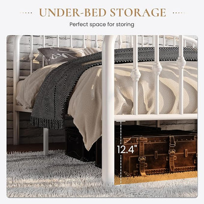 SHA CERLIN Full Size Metal Platform Bed Frame with Victorian Style Wrought Iron-Art Headboard/Footboard, No Box Spring Required, White