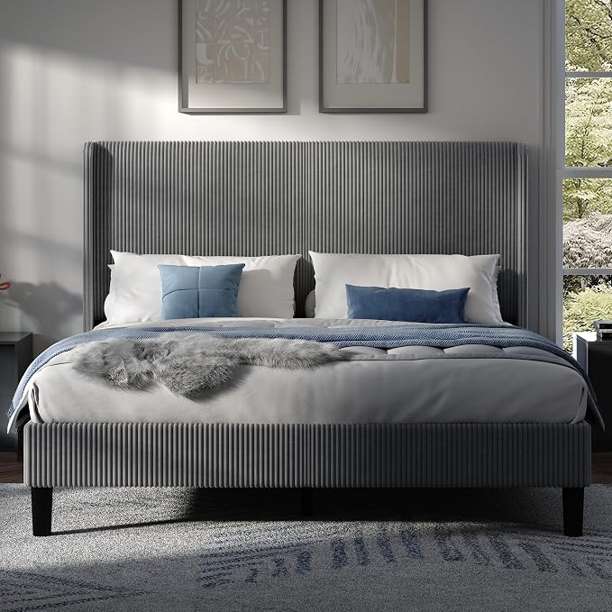 AMERLIFE King Bed Frame, Upholstered Platform Bed with Corduroy Headboard, Easy Assembly Modern Grey Bed Frame with Wooden Slats Support, No Box Spring Needed