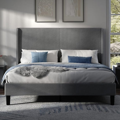 AMERLIFE King Bed Frame, Upholstered Platform Bed with Corduroy Headboard, Easy Assembly Modern Grey Bed Frame with Wooden Slats Support, No Box Spring Needed