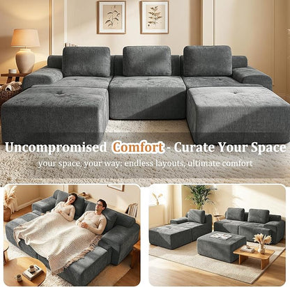 159" U Shaped Oversized Boneless Couch, Comfort Cloud Sectional Couches for Living Room, Modular Sofa High Back & Extra Deep Seat, No Assembly, Soft Chenille (Dark Grey, 159 inch-U shaped（4+2）)