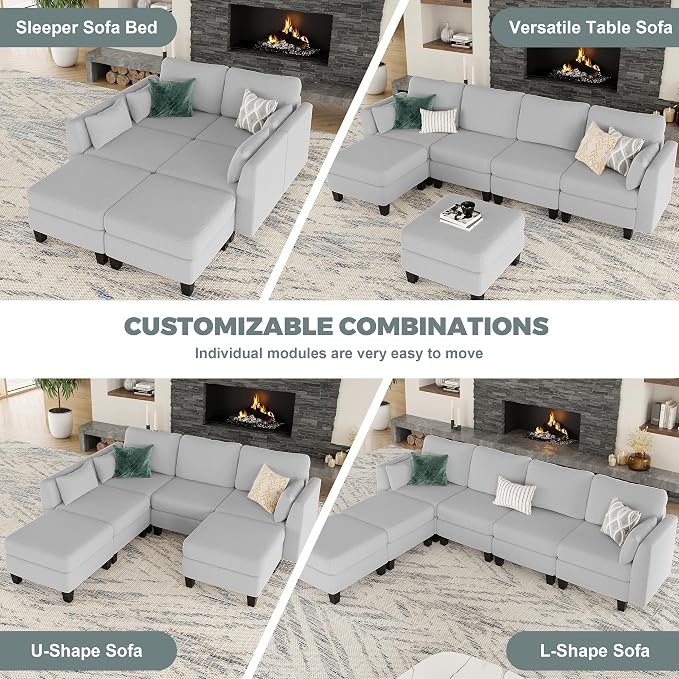 Modular Sectional Sofa, 6 Seaters Modular Sleeper Sofa Couch, Comfy Sectionals Couches Bed, Convertible Sofas with Ottomans, Sectional Couches for Living Room, Light Grey