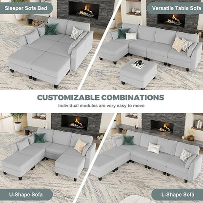 Modular Sectional Sofa, 6 Seaters Modular Sleeper Sofa Couch, Comfy Sectionals Couches Bed, Convertible Sofas with Ottomans, Sectional Couches for Living Room, Light Grey