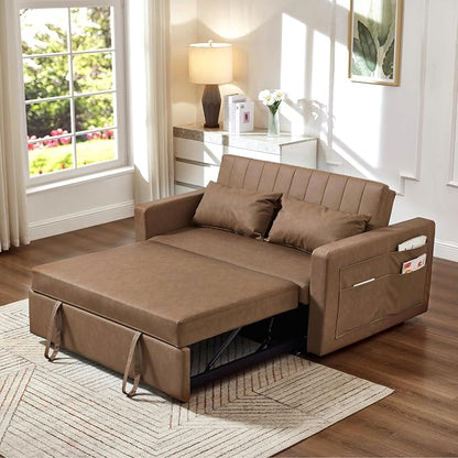 55'' Leather Sofa Bed, Pull Out Sleeper Sofa Couch Bed, Loveseat Sleeper, Futon Sofa Couch with Side Pocket, Convertible Sofa Bed for Living Room, Apartment, Bedroom, RV, Brown