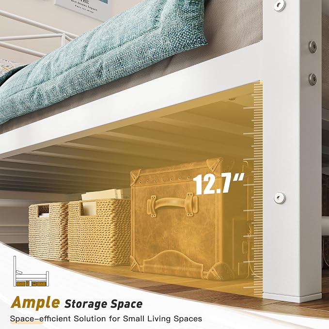 EnHomee Metal King Bed Frame,Tall Headboard & LED Light,Noise-Free,White | Heavy-duty supports 883lbs,12.7"Under-bed storage space for apartment & dorm,No box spring needed,Easy assembly