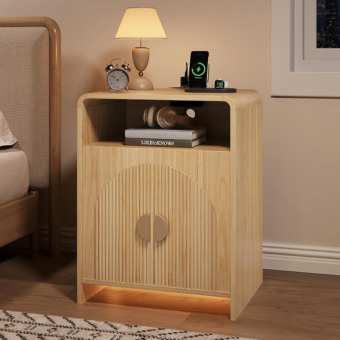 Nightstand with Charging Station and LED Lights, Night Stands with Adjustable Storage Cabinet, Modern Side Table with Fluted Doors and Open Storage, Bedside Table for Bedroom, Natural