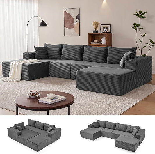 Mangodan 140” Cloud Sectional Couch, Modular Sectional Sofa with Deep Seat, Boneless Sofa for Living Room, Fluffy Comfy U-Shaped Couch with Left Facing Chaise, No Assembly Required, Grey
