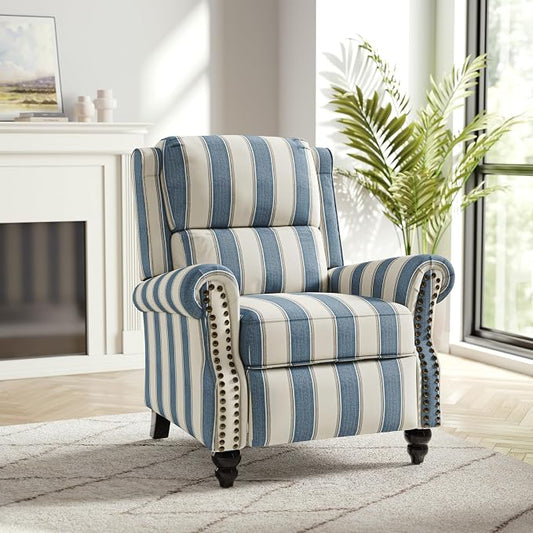 Recliner Chair, Modern Pushback Armchair with Adjustable Backrest & Footrest for Bedroom, Living Room, Navy Blue Stripe,Set of 1
