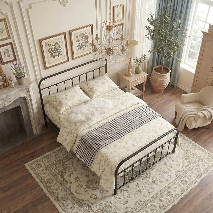 VECELO Black Metal Bed Frame Full Size with Vintage Headboard and Footboard, No Box Spring Needed, Premium Stable Steel Slat Support Mattress Foundation