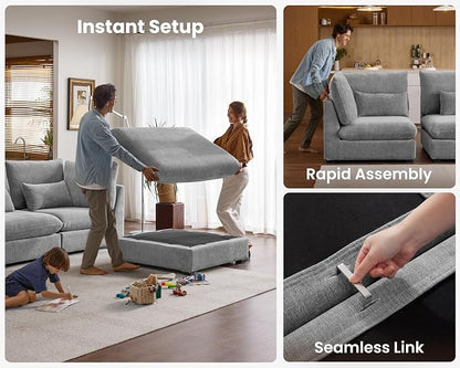 154" Oversized Chenille Couch Modular Sectional Sofa, Washable Cloud Couch Sectional with Ottoman, 5 Seater Sectional Couches for Living Room, Fully Cover Removable, L Shaped, Chenille, Grey