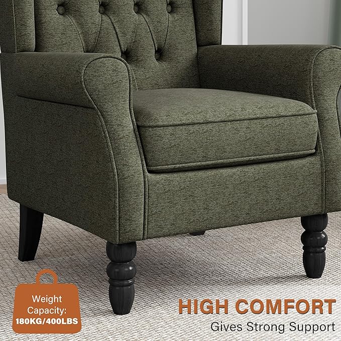 Wingback Accent Chair, High Back Arm Chair for Living Room, Button-Tufted Upholstered Fabric Armchair with Solid Wood Legs, Comfy Single Sofa Reading Chair for Bedroom, Green