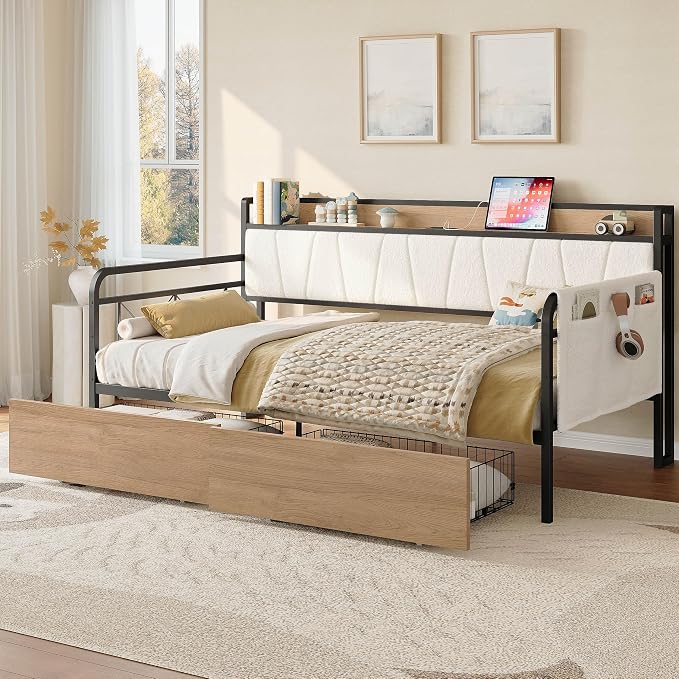LIKIMIO Daybed with Storage Drawers, Twin Day Bed Frame with Boucle Upholstered Headboard and Charging Station, Sofa Day Bed with Strong Supports for Living Room, Bedroom and Guest Room, Cream