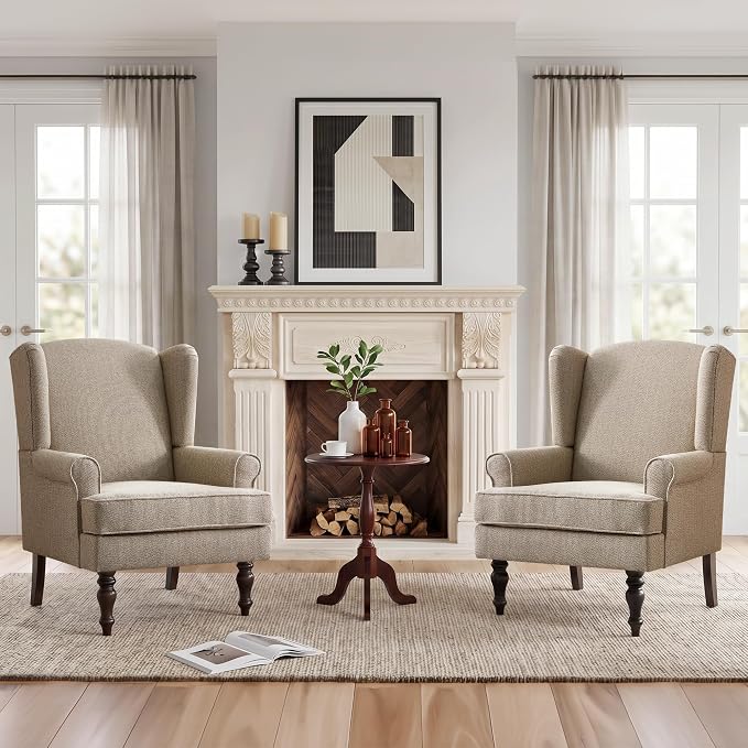 HUIMO Printed Wingback Accent Chair, Linen Upholstered High Back Armchair, Comfy Reading Chair for Living Room Bedroom Study, 300lbs Weight Capacity (2, Brown with Lines)