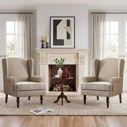 HUIMO Printed Wingback Accent Chair, Linen Upholstered High Back Armchair, Comfy Reading Chair for Living Room Bedroom Study, 300lbs Weight Capacity (2, Brown with Lines)