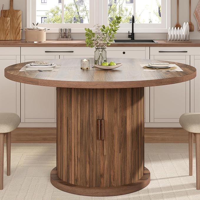 47.24" Round Dining Table for 4, Farmhouse Fluted Kitchen Tables Dining Room Circle Dinner Table, Modern Wood Kitchen & Dining Room Tables