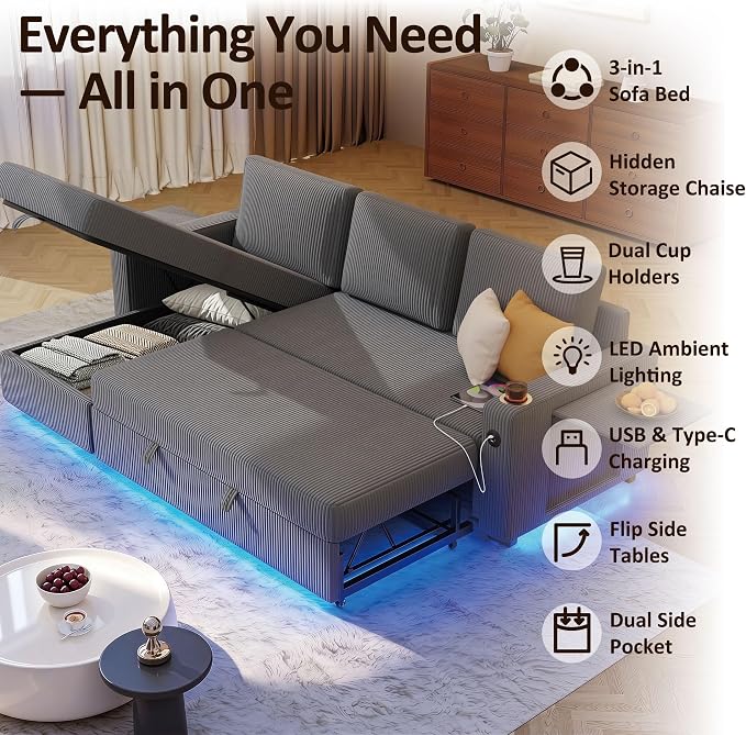 Ball & Cast 80" Sectional Sleeper Sofa Bed Pull Out Couches for Living Room | L Shaped Convertible Pull Out Sofa Bed with Storage Chaise, LED Lights, Foldable Table, USB Ports, Cup Holder and Side Pocket