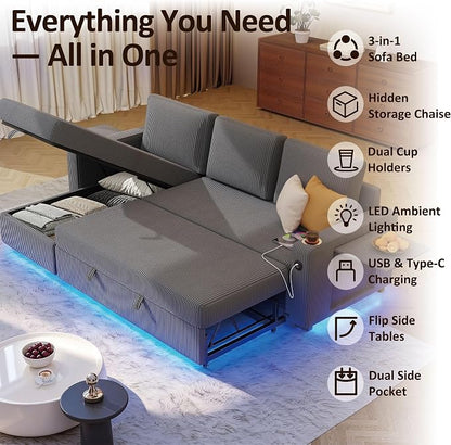 Ball & Cast 80" Sectional Sleeper Sofa Bed Pull Out Couches for Living Room | L Shaped Convertible Pull Out Sofa Bed with Storage Chaise, LED Lights, Foldable Table, USB Ports, Cup Holder and Side Pocket