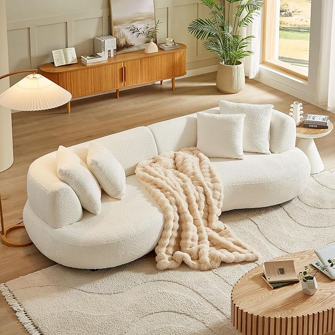 KEIKI 102" Curved Oversized Boucle Modular Sectional Sofa with 4 Throw Pillows, Mid-Century 4-Seater Upholstered Corner Plush Comfy Couch, Easy Assembly, for Apartment, Living Room, White