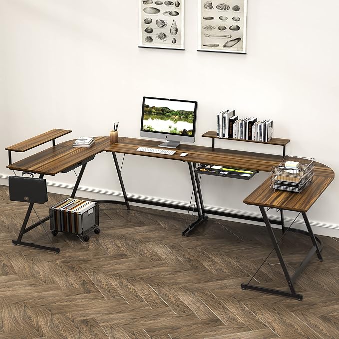 SHW 51 x 51 Inches Vista L-Shaped Desk with Monitor Stand and Drawer, Walnut