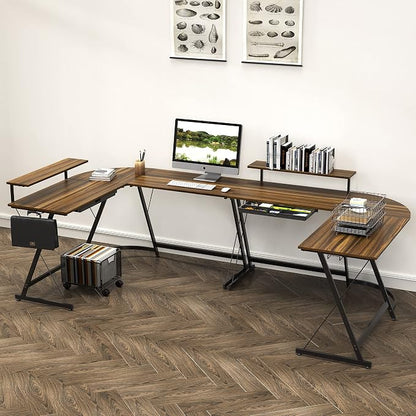 SHW 51 x 51 Inches Vista L-Shaped Desk with Monitor Stand and Drawer, Walnut