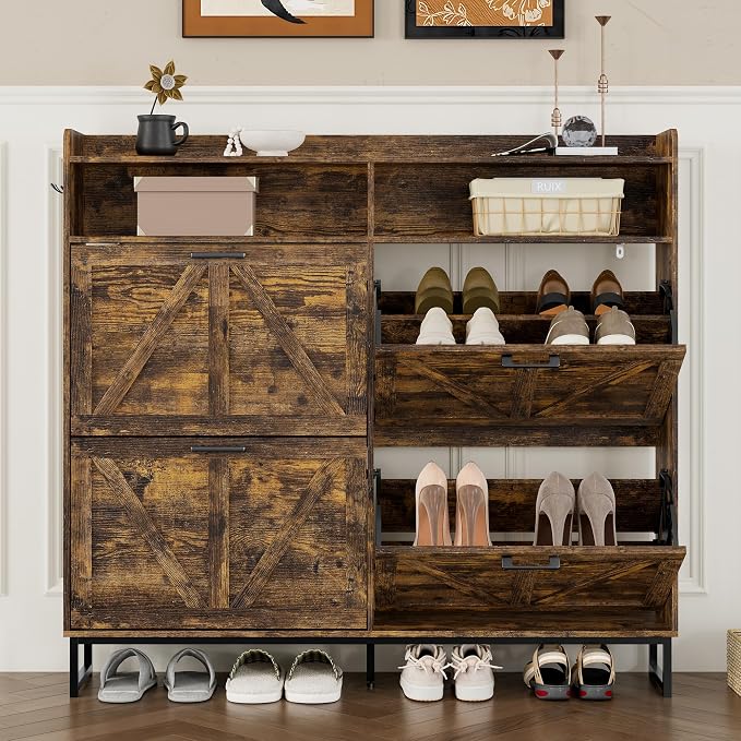BORNOON Shoe Cabinet with 4 Flip Drawers Narrow Shoe Storage Cabinet Organizer Wooden Freestanding Shoe Rack Hidden Slim Shoes Storage Cabinet for Entryway, Hallway, Living Room, Bedroom