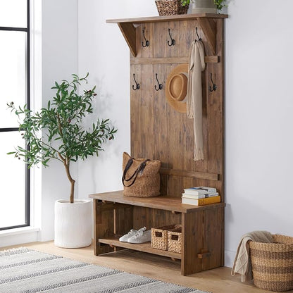 Alaterre Furniture Bethel Hall Tree with Bench – Rustic 70-Inch Entryway Organizer with 7 Metal Double Coat Hooks, Solid Wood Bench and Storage Shelves for Mudroom or Hallway (Natural Aged Brown)
