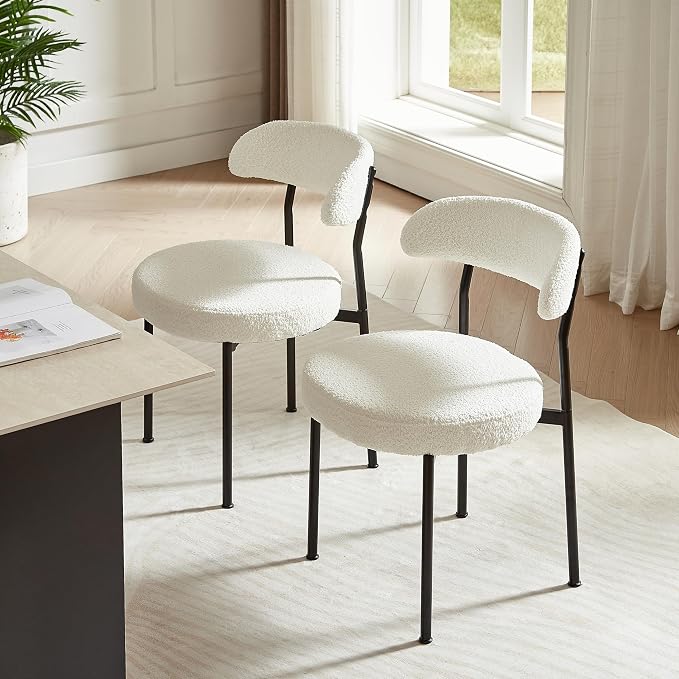 SoarFlash Dining Chairs, Beige Boucle Dining Chairs Set of 4, Kitchen Dining Room Chairs Curved Backrest Upholstered Mid Century Modern Chairs with Black Metal Legs