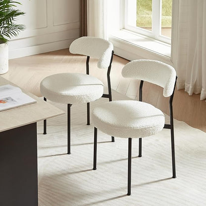 SoarFlash Dining Chairs, Beige Boucle Dining Chairs Set of 4, Kitchen Dining Room Chairs Curved Backrest Upholstered Mid Century Modern Chairs with Black Metal Legs