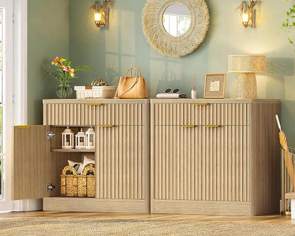 TEENFON 63" Fluted Buffet Sideboard Cabinet with Storage, Buffet Table Coffee Bar Wine Bar Storage Cabinet with Adjustable Shelf for Living Room, Kitchen, Natural