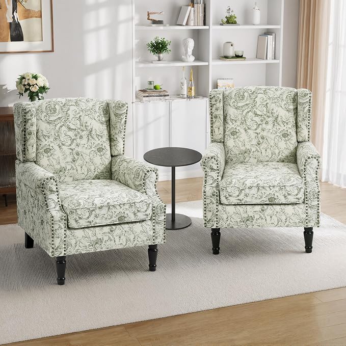 Pia Ricco Set of 2 Floral Accent Chairs, High Back Upholstered Armchairs with Retro Wingback Design, Nailhead Trim & Solid Wood Legs for Living Room Bedroom(Plants Green)