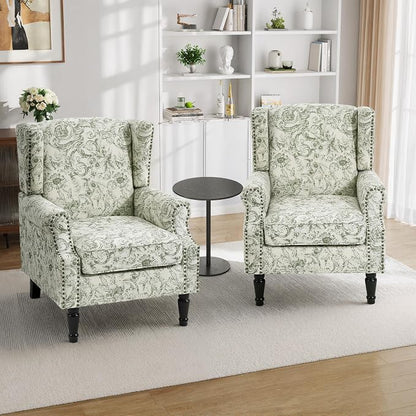 Pia Ricco Set of 2 Floral Accent Chairs, High Back Upholstered Armchairs with Retro Wingback Design, Nailhead Trim & Solid Wood Legs for Living Room Bedroom(Plants Green)