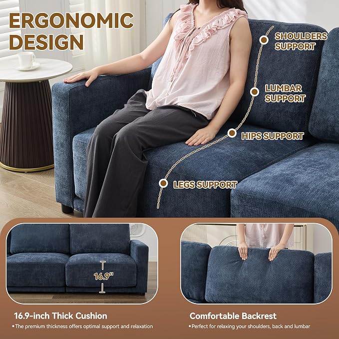 143.8" Modular Sectional Sofa Modern Chenille U Shaped Couch with Thickened Seat Cushions, Easy Assembly, Upholstered 6 Seater Couch with 2 Movable Ottomans for Living Room, Blue
