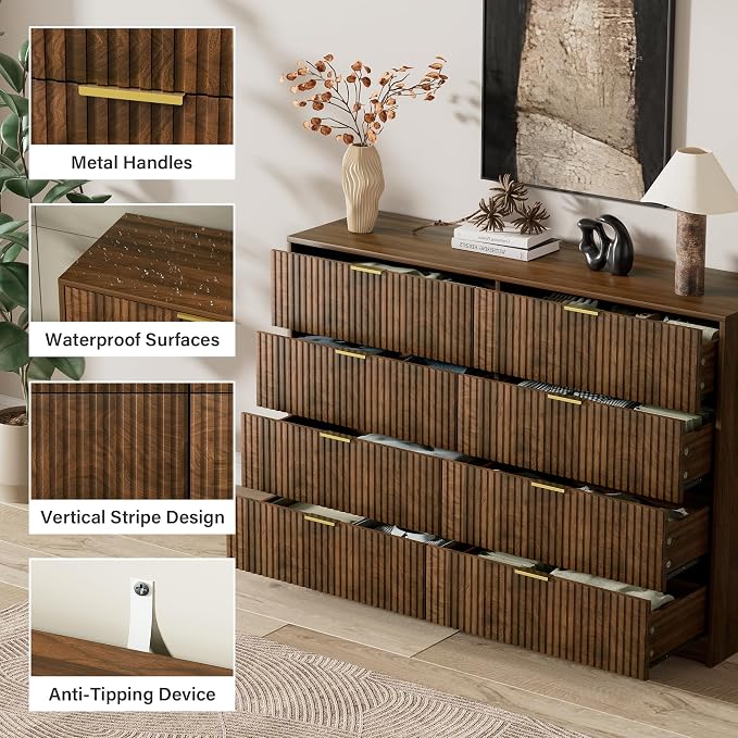 Furniway Walnut Dresser for Bedroom, Modern Dresser with 8 Drawers and Smooth Slides, Wide Chest of Drawers with Golden Handles for Bedroom, Closet, 15.7" D x 55" W x 37.4" H